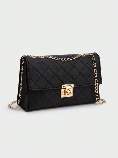 1pc Black Rhombus Pattern Chain Strap Women Satchel Bag, Fashion Light Quilted Flap Shoulder Crossbody Bag