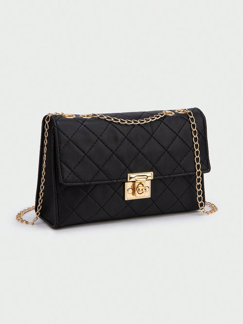 1pc Black Rhombus Pattern Chain Strap Women Satchel Bag, Fashion Light Quilted Flap Shoulder Crossbody Bag