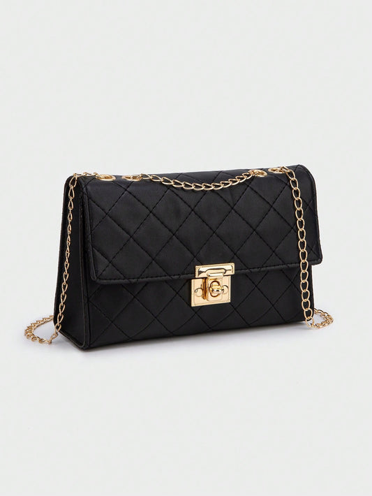1pc Black Rhombus Pattern Chain Strap Women Satchel Bag, Fashion Light Quilted Flap Shoulder Crossbody Bag