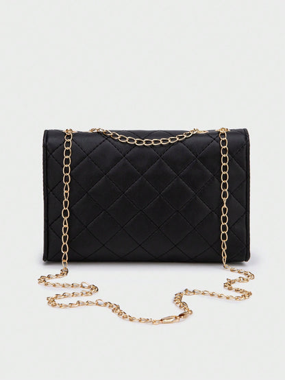 1pc Black Rhombus Pattern Chain Strap Women Satchel Bag, Fashion Light Quilted Flap Shoulder Crossbody Bag