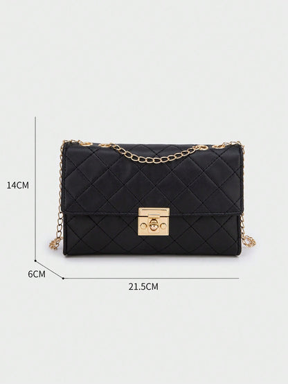 1pc Black Rhombus Pattern Chain Strap Women Satchel Bag, Fashion Light Quilted Flap Shoulder Crossbody Bag