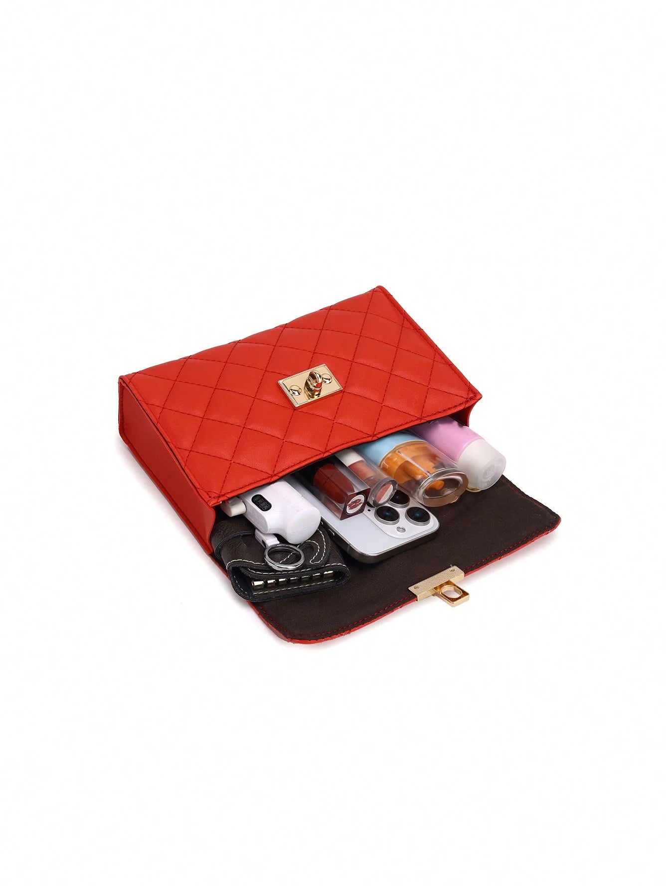 1pc Black Rhombus Pattern Chain Strap Women Satchel Bag, Fashion Light Quilted Flap Shoulder Crossbody Bag