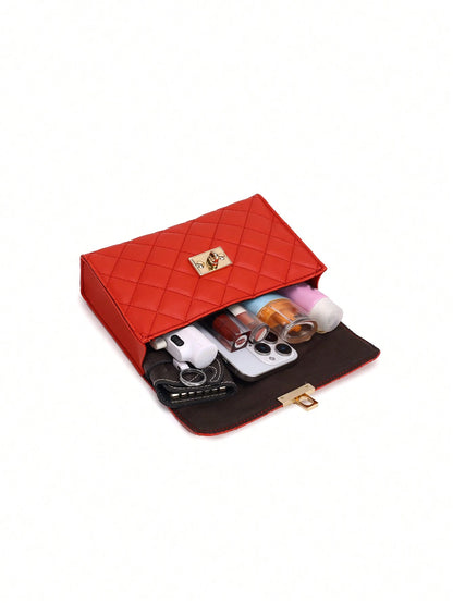 1pc Black Rhombus Pattern Chain Strap Women Satchel Bag, Fashion Light Quilted Flap Shoulder Crossbody Bag