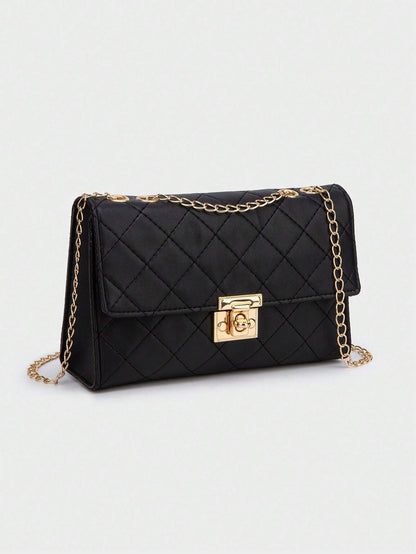 1pc Black Rhombus Pattern Chain Strap Women Satchel Bag, Fashion Light Quilted Flap Shoulder Crossbody Bag