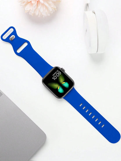 1pc Blue Fashionable Soft Silicone Sports Watch Strap Butterfly Buckle Comfortable Adjustable Waterproof Wristband, For Apple Watch Band 38/40/41/42/44/45/46/49mm, For Apple Watch Series Ultra/SE/11/1
