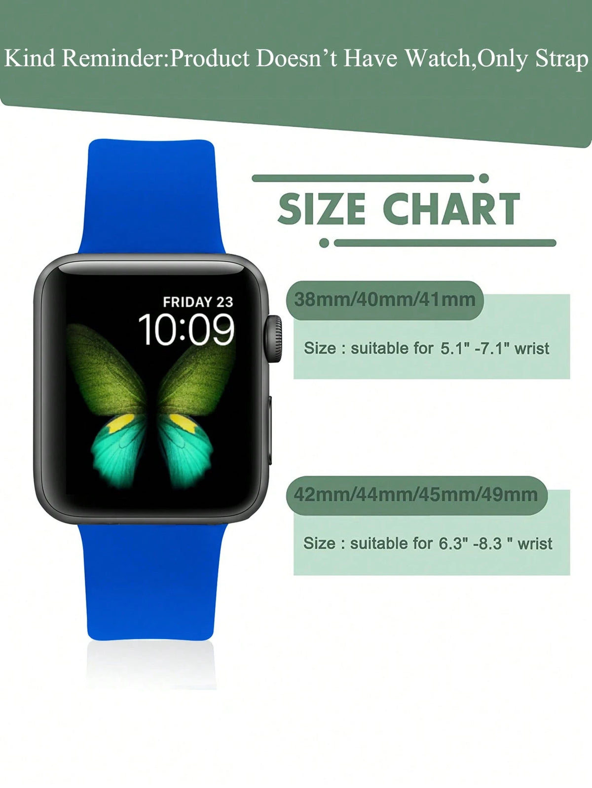 1pc Blue Fashionable Soft Silicone Sports Watch Strap Butterfly Buckle Comfortable Adjustable Waterproof Wristband, For Apple Watch Band 38/40/41/42/44/45/46/49mm, For Apple Watch Series Ultra/SE/11/1