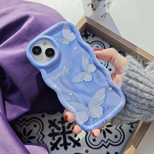 1pc Blue Silver Feather Butterfly Cute Creative Fresh Flying Beautiful Innovative European American Matte Purple Blue, Macaron Color Full Coverage Anti-Drop Fresh Colorful Wave Shape Cream Style, [Int