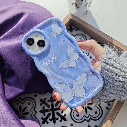 1pc Blue Silver Feather Butterfly Cute Creative Fresh Flying Beautiful Innovative European American Matte Purple Blue, Macaron Color Full Coverage Anti-Drop Fresh Colorful Wave Shape Cream Style, [Int