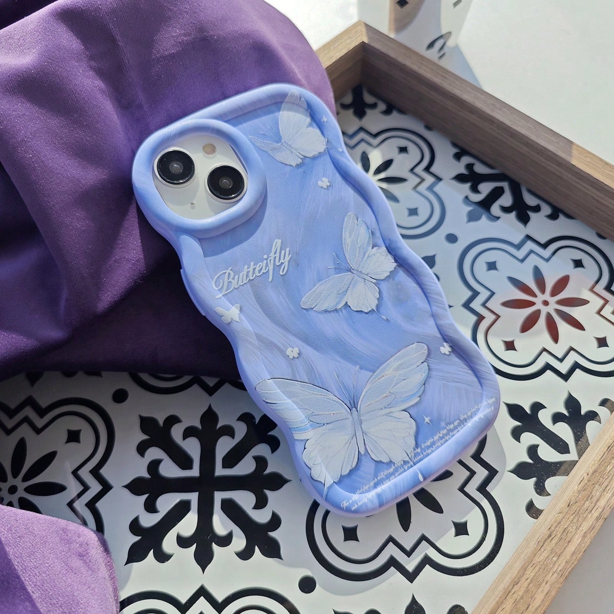 1pc Blue Silver Feather Butterfly Cute Creative Fresh Flying Beautiful Innovative European American Matte Purple Blue, Macaron Color Full Coverage Anti-Drop Fresh Colorful Wave Shape Cream Style, [Int