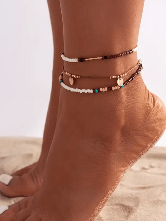 1pc Bohemian Style Multilayer Beaded Beach Anklet With Cowrie Shell For Summer Casual Style