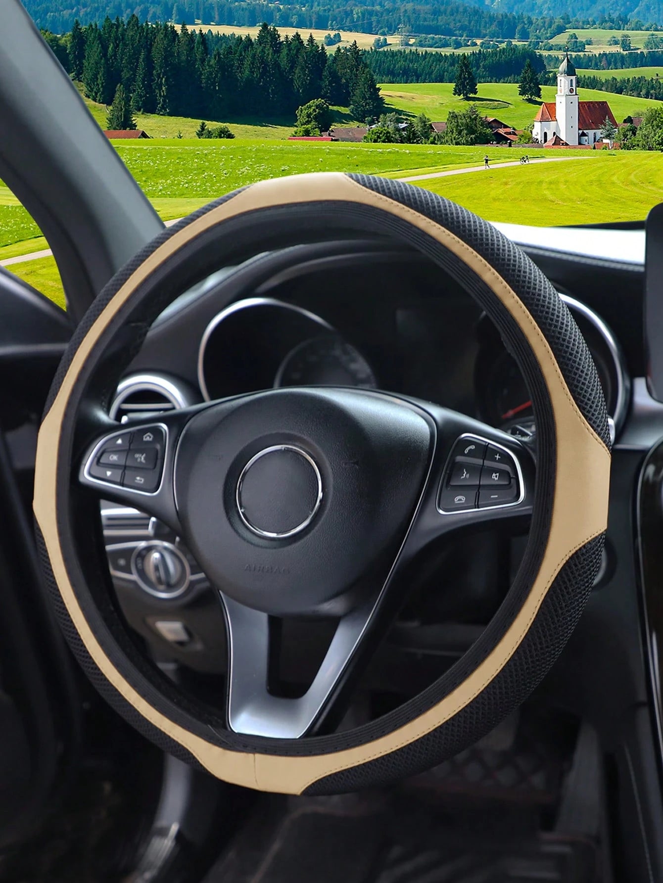 1pc Breathable Massage Comfortable PU Leather Steering Wheel Cover, Fits 14.5-15 Inch Car Accessory