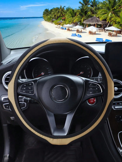 1pc Breathable Massage Comfortable PU Leather Steering Wheel Cover, Fits 14.5-15 Inch Car Accessory