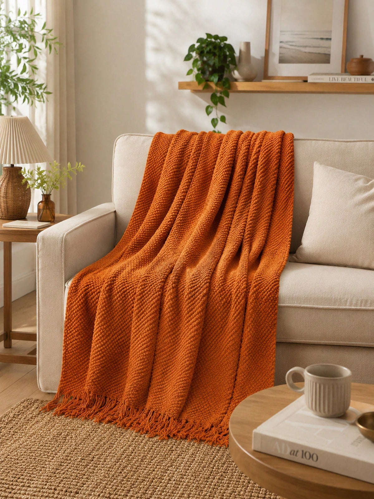 1pc Bright Yellow Textured Knit Throw Blanket With Tassels, Soft Cozy Woven Fringe Blanket For Couch Sofa Bed, All Season Decorative Warm Knit Blanket
