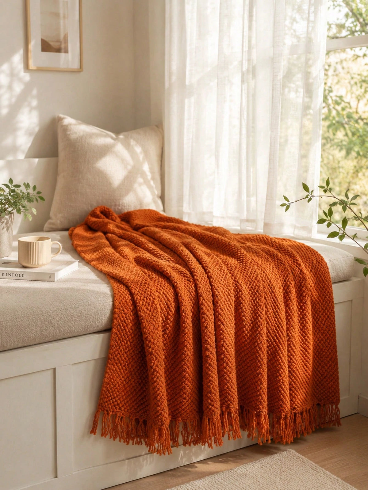 1pc Bright Yellow Textured Knit Throw Blanket With Tassels, Soft Cozy Woven Fringe Blanket For Couch Sofa Bed, All Season Decorative Warm Knit Blanket