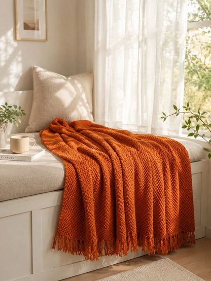 1pc Bright Yellow Textured Knit Throw Blanket With Tassels, Soft Cozy Woven Fringe Blanket For Couch Sofa Bed, All Season Decorative Warm Knit Blanket