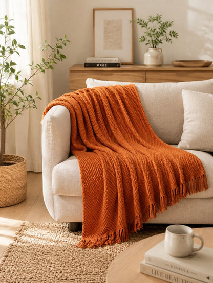 1pc Bright Yellow Textured Knit Throw Blanket With Tassels, Soft Cozy Woven Fringe Blanket For Couch Sofa Bed, All Season Decorative Warm Knit Blanket
