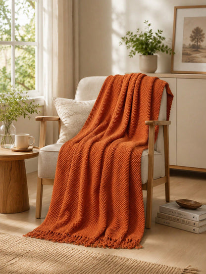 1pc Bright Yellow Textured Knit Throw Blanket With Tassels, Soft Cozy Woven Fringe Blanket For Couch Sofa Bed, All Season Decorative Warm Knit Blanket