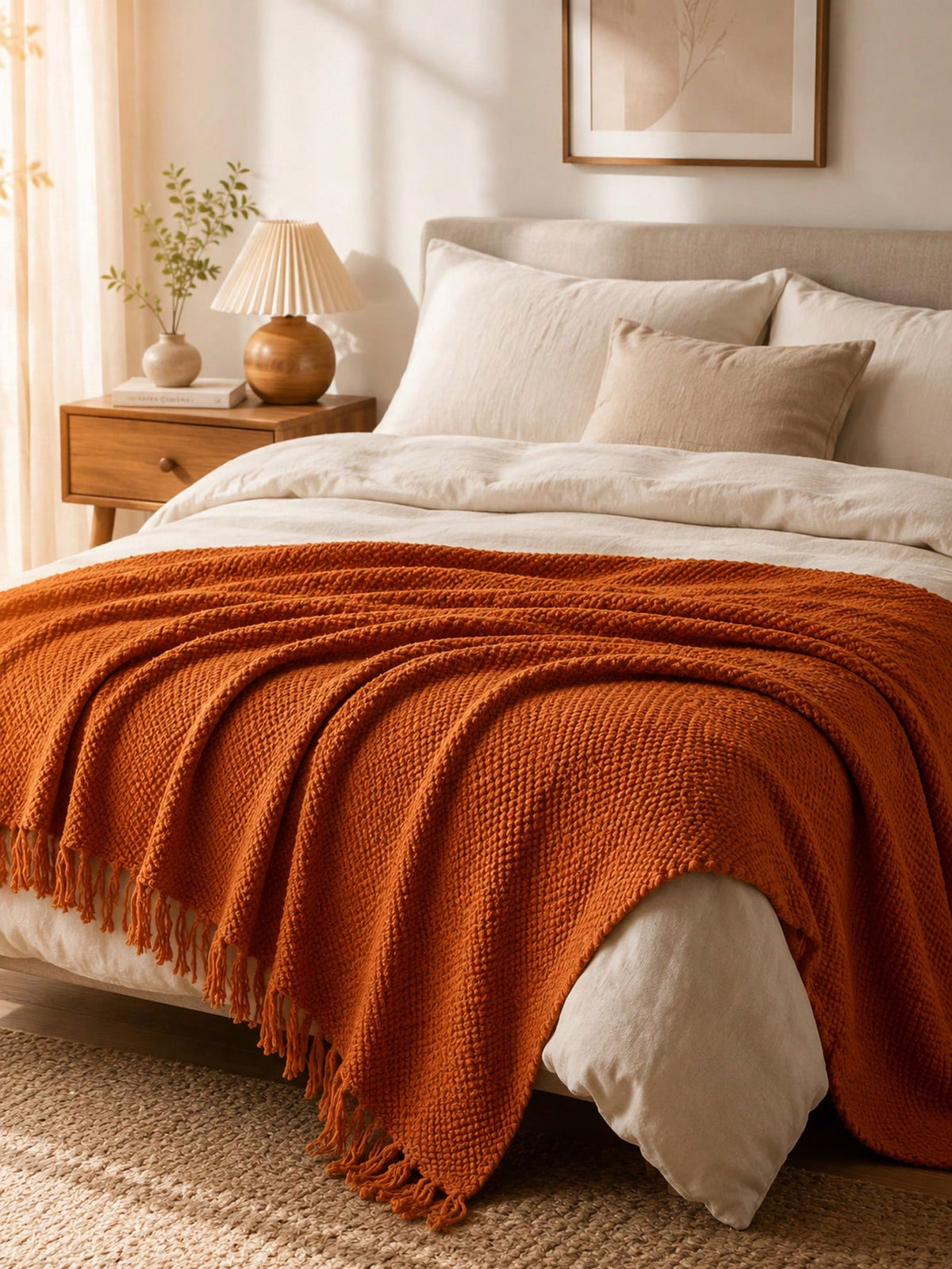1pc Bright Yellow Textured Knit Throw Blanket With Tassels, Soft Cozy Woven Fringe Blanket For Couch Sofa Bed, All Season Decorative Warm Knit Blanket