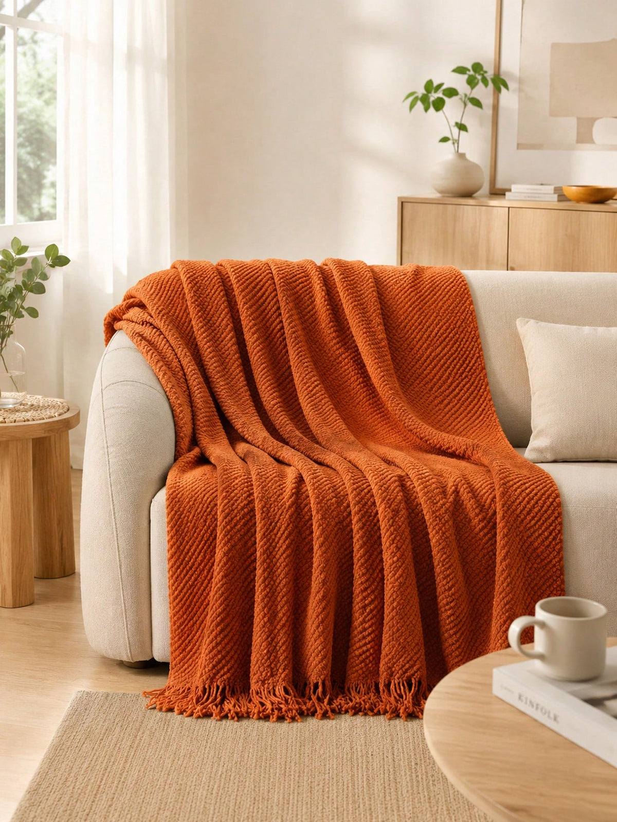 1pc Bright Yellow Textured Knit Throw Blanket With Tassels, Soft Cozy Woven Fringe Blanket For Couch Sofa Bed, All Season Decorative Warm Knit Blanket