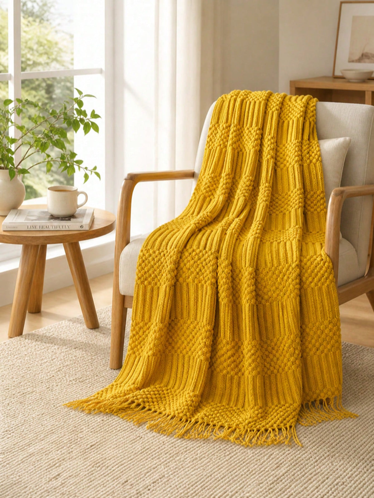 1pc Bright Yellow Textured Knit Throw Blanket With Tassels, Soft Cozy Woven Fringe Blanket For Couch Sofa Bed, All Season Decorative Warm Knit Blanket