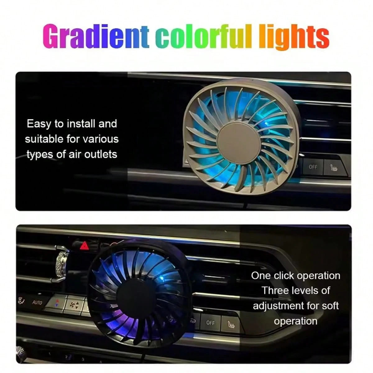 1pc Car Air Vent Cooling Fan, Adjustable USB Powered, Powerful 7-Blade Turbo Fan, Gradient Colorful Ambient Light, Low Noise, Multi-Function Mini Car Interior Fan Cooler