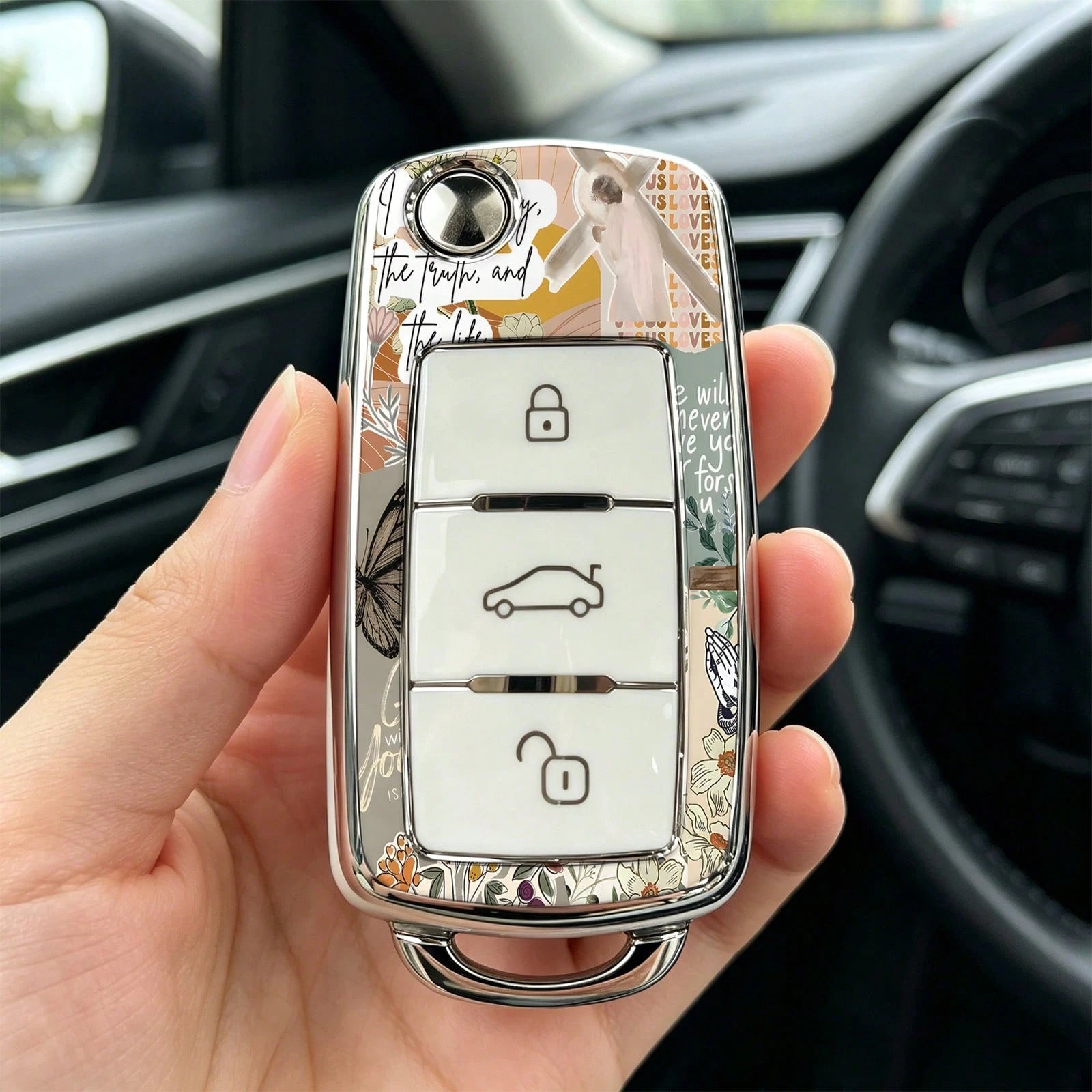 1pc Car Key Case- Print,Suitable For Jetta Mk6, Polo Mk5, Golf Mk6, Tiguan Mk1, Passat B7, Passat NMS, Caddy Mk3, Beetle, Amarok, Touran Mk1. Advanced Soft-Touch, Does Not Block Signal, Unisex.