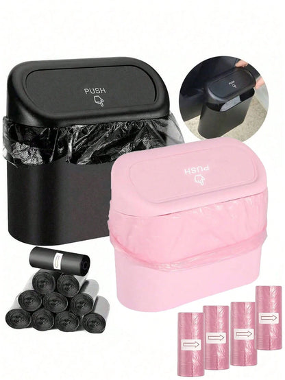 1pc Car Trash Can + 1 Roll (15pcs) Trash Bags, Mini Car Trash Can, Waterproof, Portable, Space-Saving, Car Storage Box, Car Sorting Box, Car Essential Accessory
