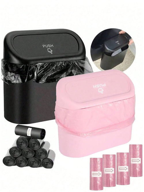 1pc Car Trash Can + 1 Roll (15pcs) Trash Bags, Mini Car Trash Can, Waterproof, Portable, Space-Saving, Car Storage Box, Car Sorting Box, Car Essential Accessory