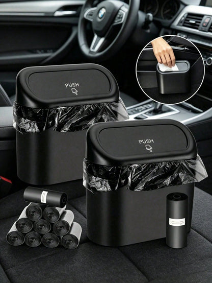 1pc Car Trash Can + 1 Roll (15pcs) Trash Bags, Mini Car Trash Can, Waterproof, Portable, Space-Saving, Car Storage Box, Car Sorting Box, Car Essential Accessory