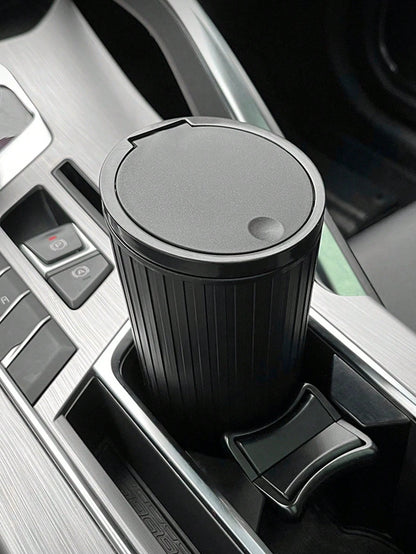 1pc Car Trash Can With 15pcs Garbage Bags, Covered Round Trash Can Container, Waterproof Car Cup Holder Organizer Bin