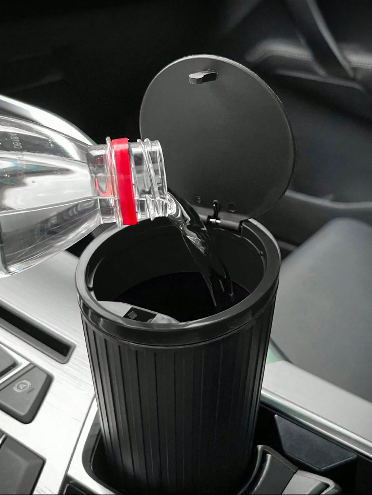 1pc Car Trash Can With 15pcs Garbage Bags, Covered Round Trash Can Container, Waterproof Car Cup Holder Organizer Bin