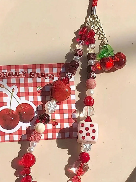 1pc Cartoon Cherry Fruit Style Cute Phone Lanyard, Handmade Beaded Camera Strap, DIY Beaded Anti-Lost Wrist Strap