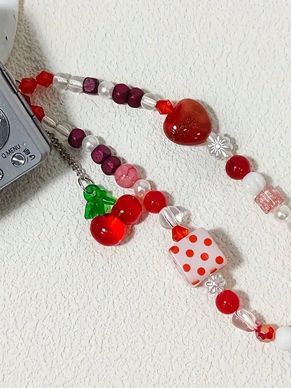 1pc Cartoon Cherry Fruit Style Cute Phone Lanyard, Handmade Beaded Camera Strap, DIY Beaded Anti-Lost Wrist Strap