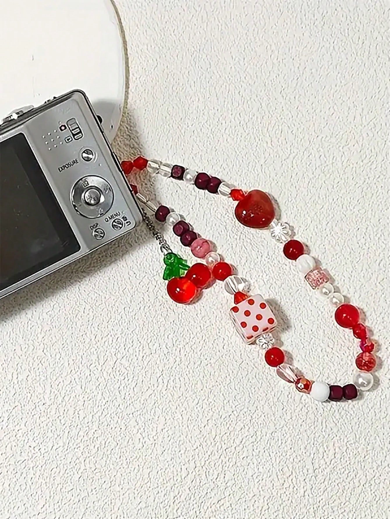 1pc Cartoon Cherry Fruit Style Cute Phone Lanyard, Handmade Beaded Camera Strap, DIY Beaded Anti-Lost Wrist Strap