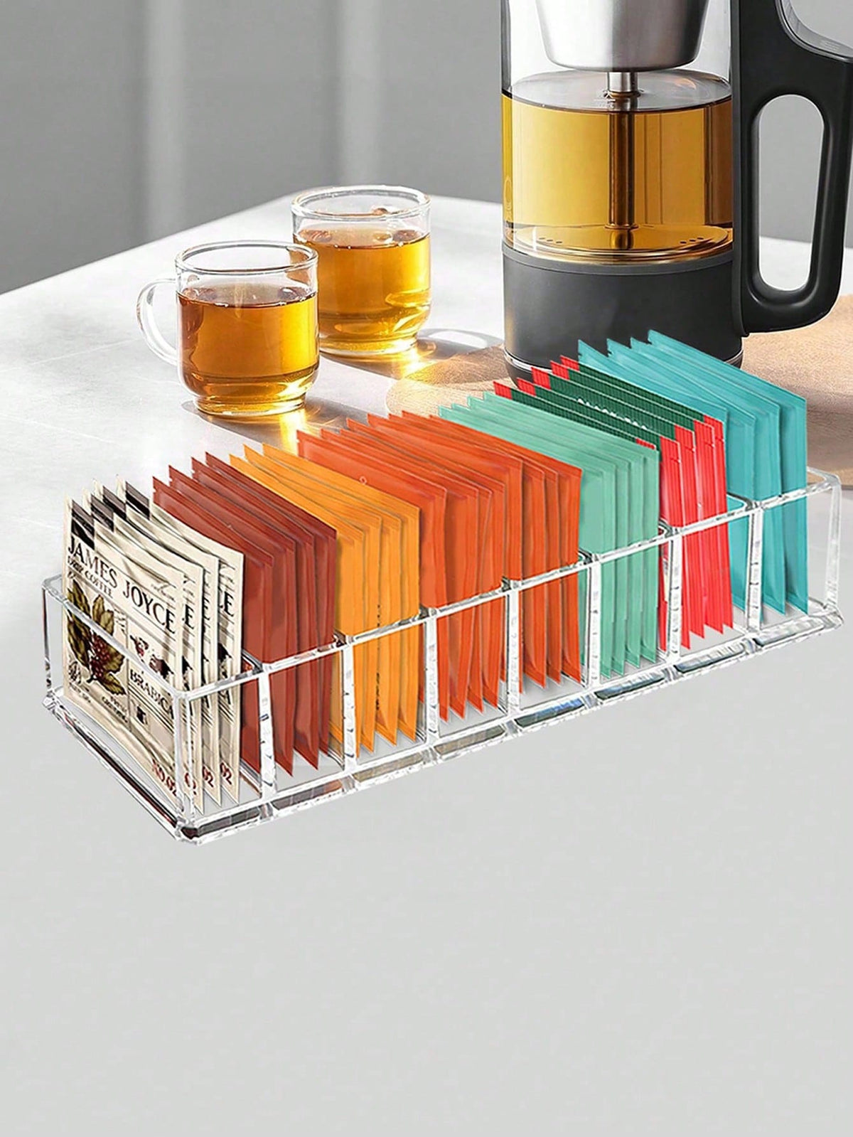 1pc Clear Tea Bag Organizer,Desktop Tea Bag Coffee Divided Storage Box,Reusable Acrylic Tea Box For Coffee Station, Cabinet, Pantry, Countertop, Office, Kitchen,Cosmetic Box.