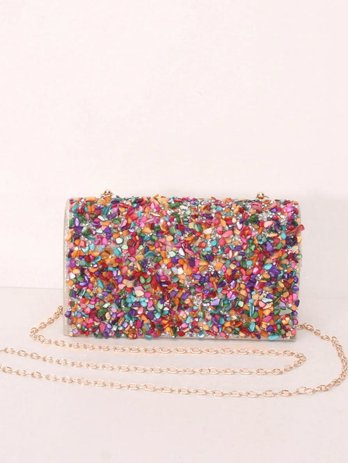 1pc Colorful Seashell Stone Crystal Clutch Shoulder Crossbody Bag With Flap Cover For Women Daily Or Evening Use,Bride, Wedding Items