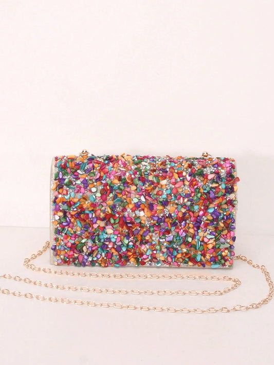 1pc Colorful Seashell Stone Crystal Clutch Shoulder Crossbody Bag With Flap Cover For Women Daily Or Evening Use,Bride, Wedding Items