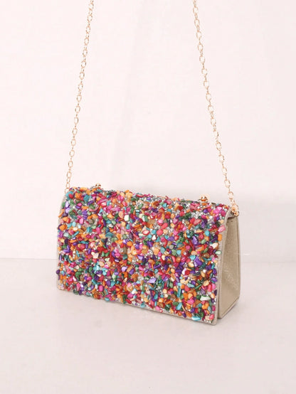 1pc Colorful Seashell Stone Crystal Clutch Shoulder Crossbody Bag With Flap Cover For Women Daily Or Evening Use,Bride, Wedding Items