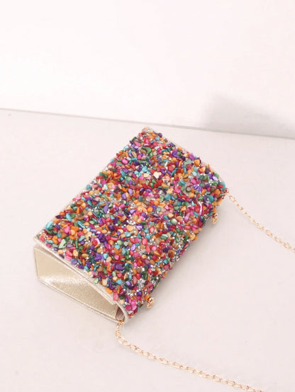 1pc Colorful Seashell Stone Crystal Clutch Shoulder Crossbody Bag With Flap Cover For Women Daily Or Evening Use,Bride, Wedding Items