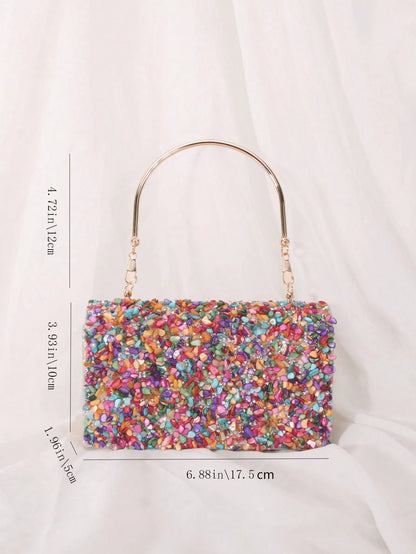 1pc Colorful Seashell Stone Crystal Clutch Shoulder Crossbody Bag With Flap Cover For Women Daily Or Evening Use,Bride, Wedding Items