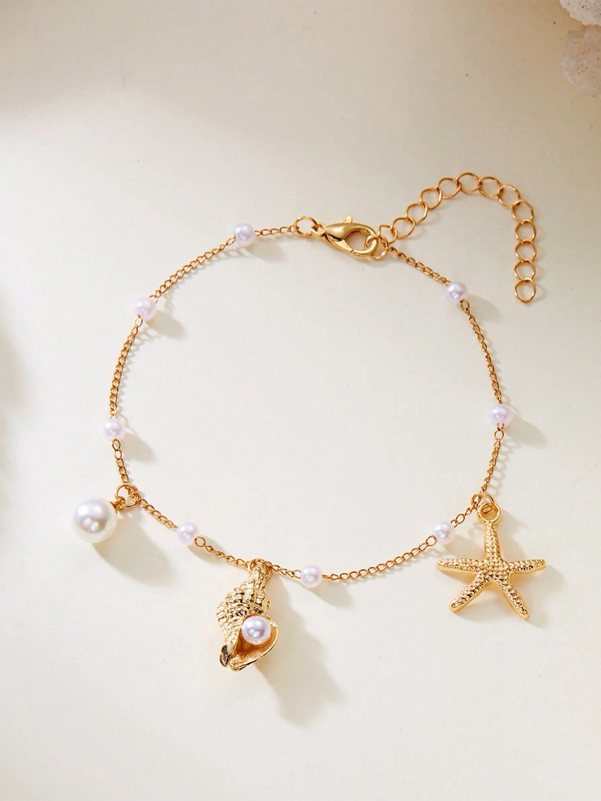 1pc Conch Shell & Pearl Starfish Pendant Clip Pearl Chain Anklet, Suitable For Daily Wear And Beach Vacation (Number Of Clip Pearls Randomly 7-8 Based On Length)