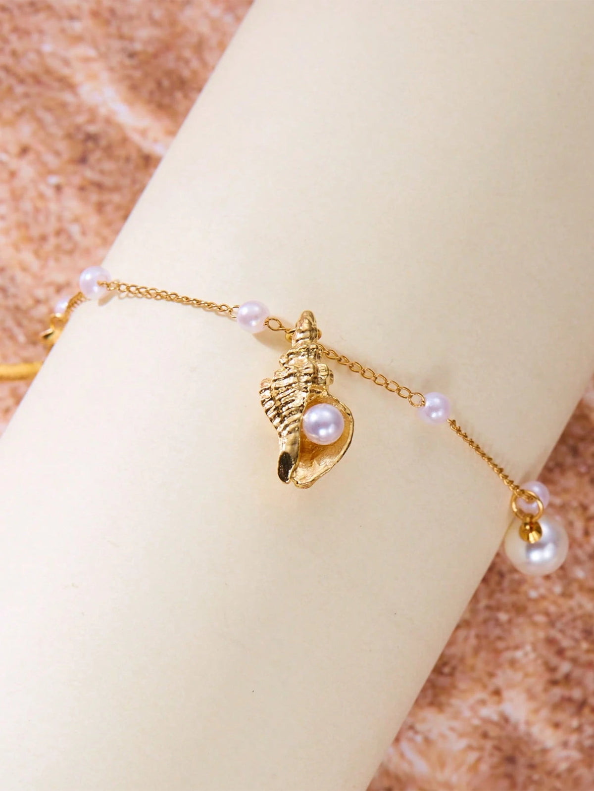 1pc Conch Shell & Pearl Starfish Pendant Clip Pearl Chain Anklet, Suitable For Daily Wear And Beach Vacation (Number Of Clip Pearls Randomly 7-8 Based On Length)