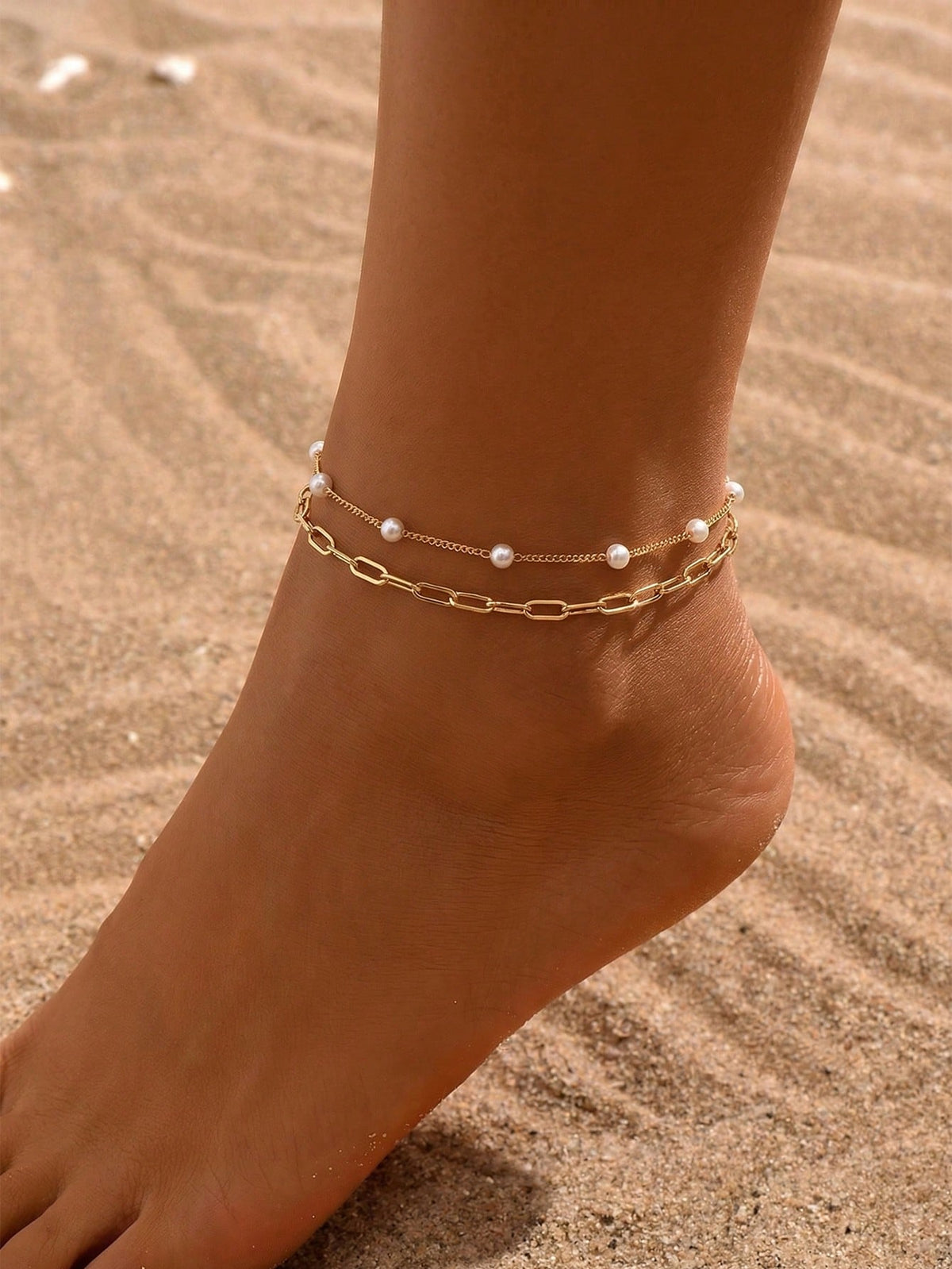 1pc Conch Shell & Pearl Starfish Pendant Clip Pearl Chain Anklet, Suitable For Daily Wear And Beach Vacation (Number Of Clip Pearls Randomly 7-8 Based On Length)