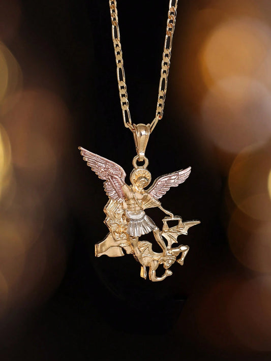 1Pc Copper Alloy Archangel Necklace, St. Michael San Miguel Pendant, Elegant Fashion Religious Jewelry, Valentines Mothers Day Gift For Couples BFF
