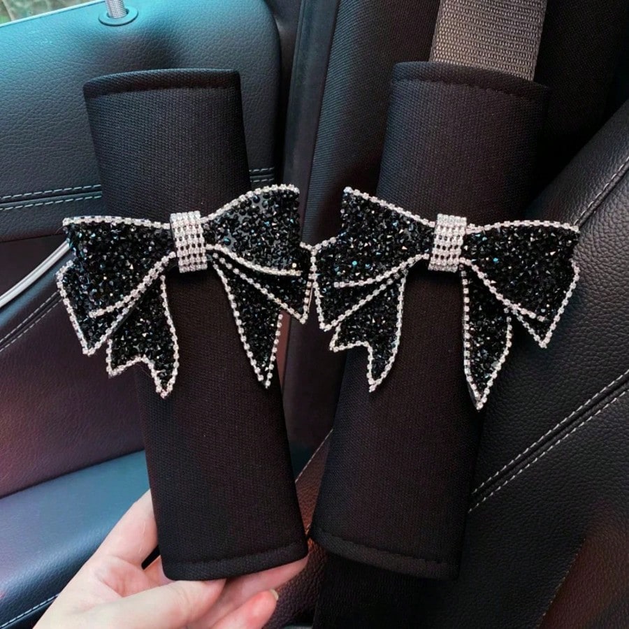 1pc Creative Bowknot Rhinestone Decor Car Seat Belt Cover, Safety Belt Protector To Prevent Chafing, Car Interior Accessory