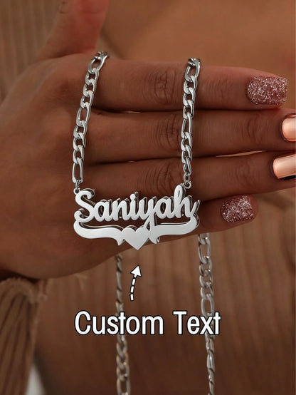 1pc Customized 3D Double Layer Handwritten Name Necklace, Heart Scroll Base, Dual-Tone Gold & Silver Stainless Steel Cuban Chain, Personalized Women's Jewelry Gift