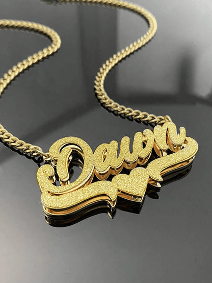 1pc Customized 3D Double Layer Handwritten Name Necklace, Heart Scroll Base, Dual-Tone Gold & Silver Stainless Steel Cuban Chain, Personalized Women's Jewelry Gift
