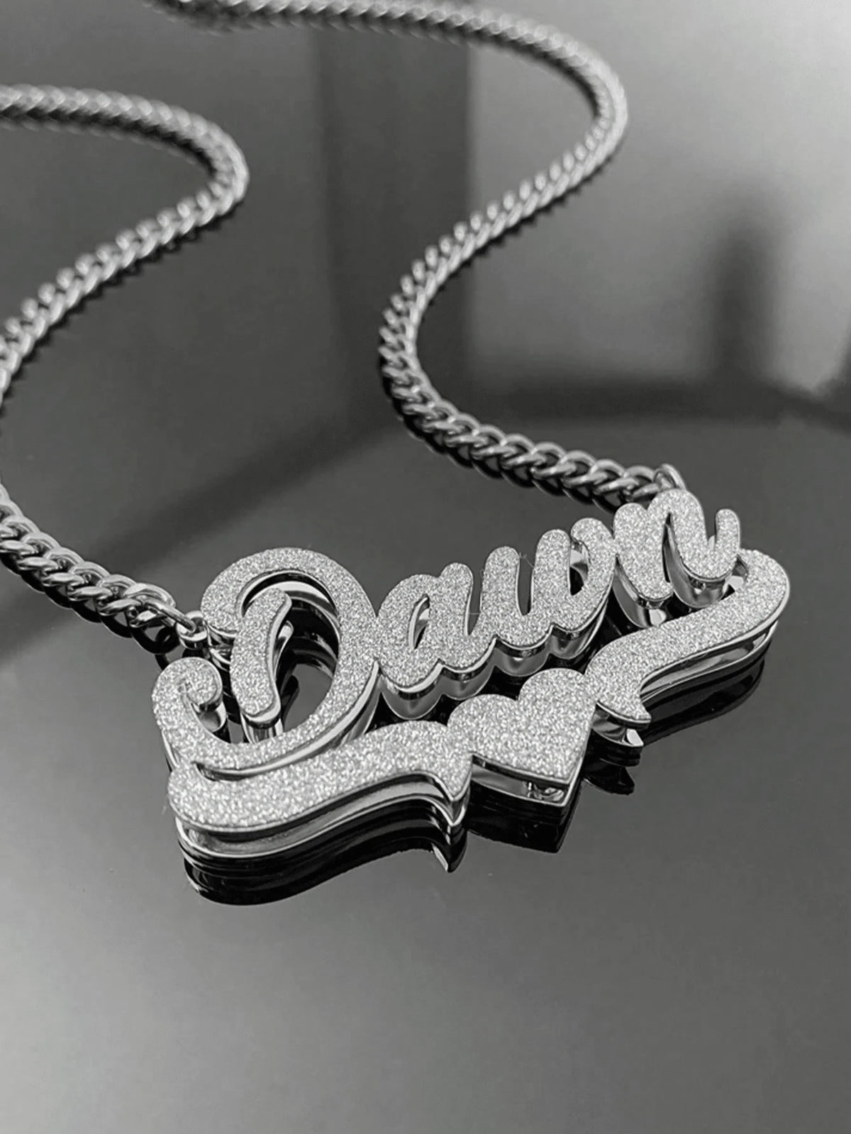 1pc Customized 3D Double Layer Handwritten Name Necklace, Heart Scroll Base, Dual-Tone Gold & Silver Stainless Steel Cuban Chain, Personalized Women's Jewelry Gift