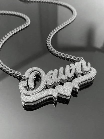 1pc Customized 3D Double Layer Handwritten Name Necklace, Heart Scroll Base, Dual-Tone Gold & Silver Stainless Steel Cuban Chain, Personalized Women's Jewelry Gift