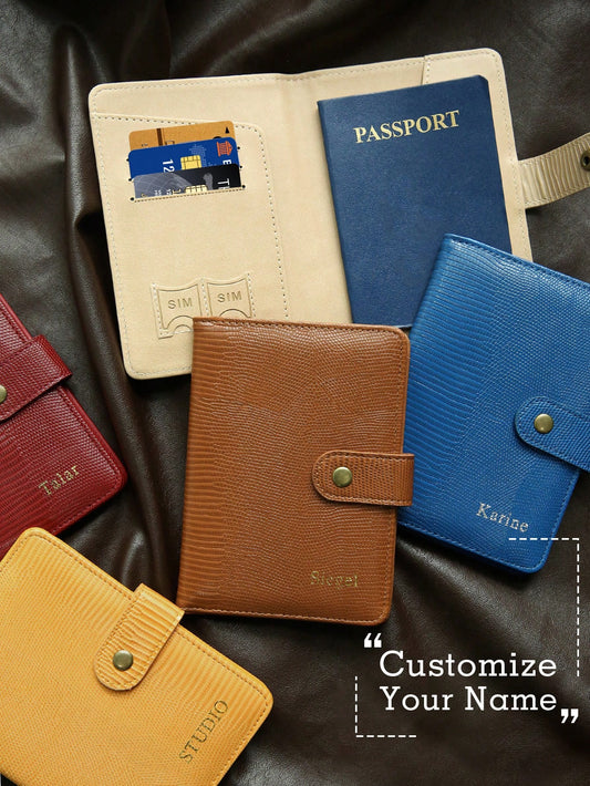 1pc Customized Name Letter Printed Faux Lizard Skin Passport Cover, Personalized Passport Holder With Fashion Buckle, Luxury Faux Lizard Texture Travel Wallet With RFID Blocking, Travel Document Stora